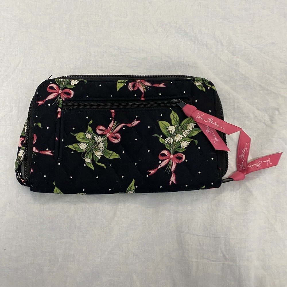 Vera Bradley Travel Wallet Zip Around Organizer Black Floral Pink Green Wristlet